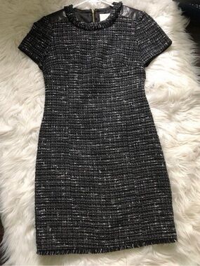 KATE SPADE Dress‎ 4 Tweed Mini Exposed Zipper Faux Leather Shoulder LBD Office